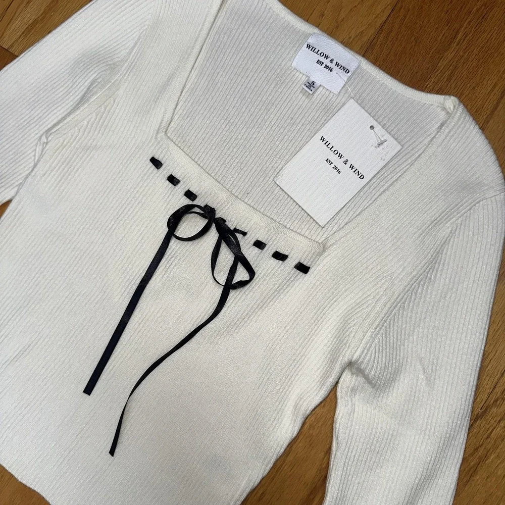 Willow & Wind Sweater S Ribbed‎ Long Sleeve Square Neck Bow Tie Top Cottagecore